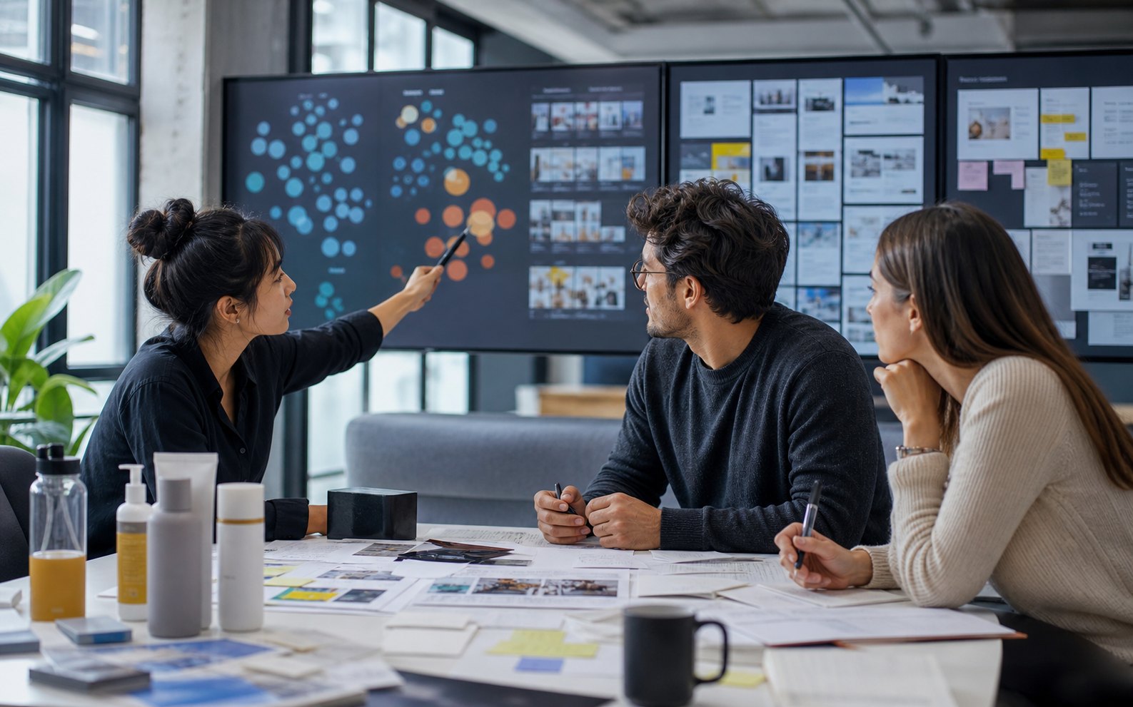 A consumer-insights team analyzing social content, product reviews, and customer needs