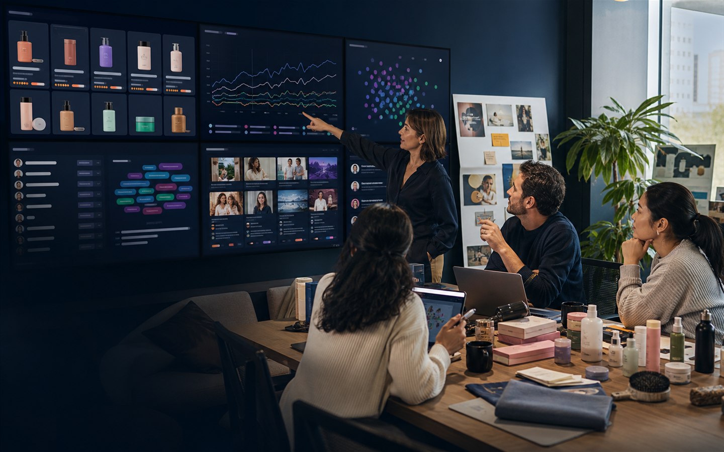 A market-intelligence team reviewing competitors, rankings, and content trends